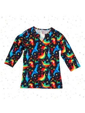 Svaha Rainbowsaurus Split Neck Tunic Top 3/4 Sleeve Colorful Dinosaur Tee Size S